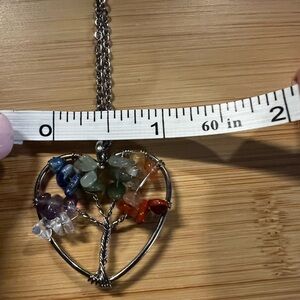 Tree of Life Heart Pendant Necklace with Multi-Color Gemstone Chips